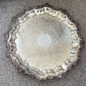 Vintage Silver Plated Serving Platter Scalloped Edge Footed 16"